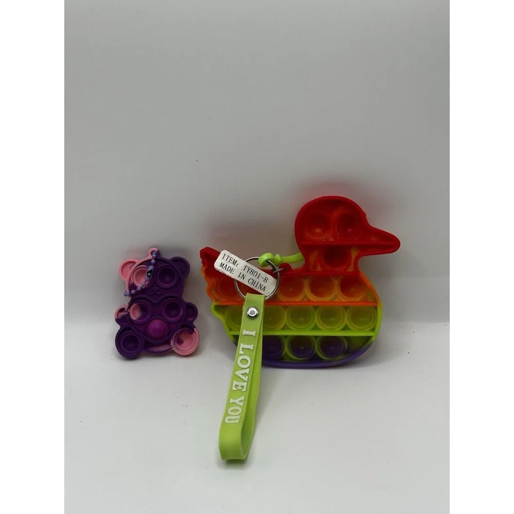 Pop It Fidget Toy Lot Rainbow Duck & Tie-Dye Bear Keychain Silicone NWT